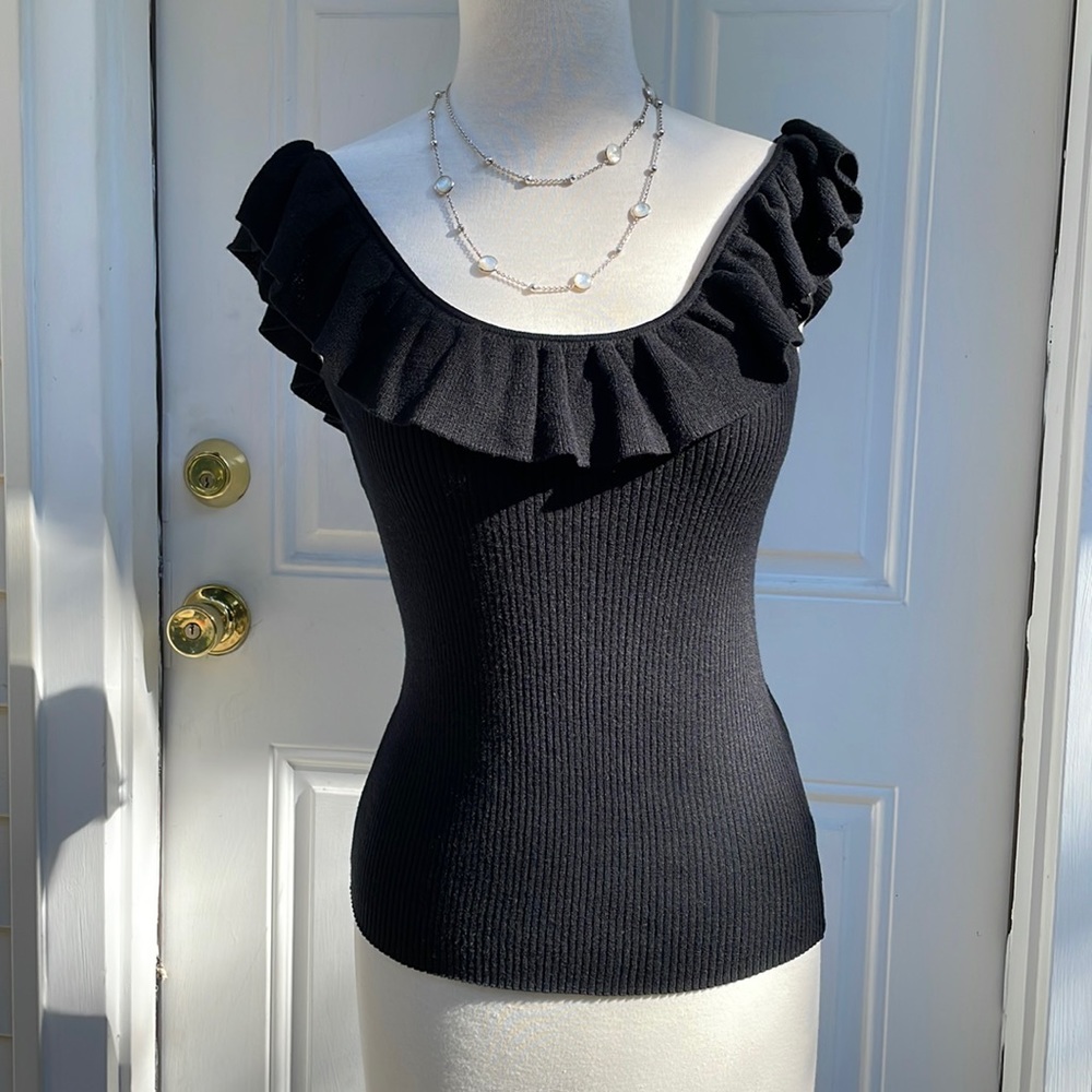 Worn Once “Madewell” ruffle knitted neckline Black Top.